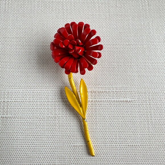 Vintage Red & Yellow Enamel Flower Brooch Pin 2.75" Retro Floral Jewelry - Picture 5 of 6